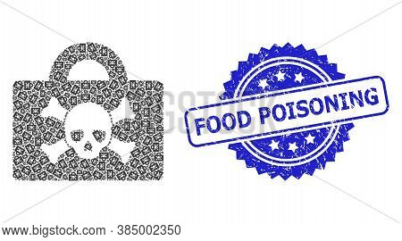 Food Poisoning Dirty Seal And Vector Fractal Collage Mortal Case. Blue Stamp Seal Includes Food Pois