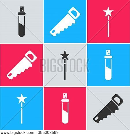 Set Bottle With Love Potion, Hand Saw And Magic Wand Icon. Vector