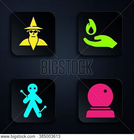 Set Magic Ball, Wizard Warlock, Voodoo Doll And Hand Holding A Fire. Black Square Button. Vector