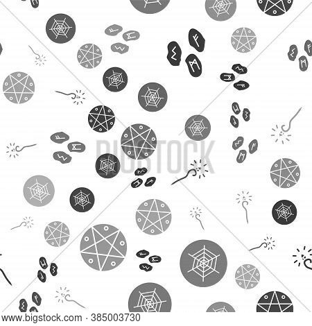 Set Magic Runes, Spider Web, Magic Staff And Pentagram In A Circle On Seamless Pattern. Vector