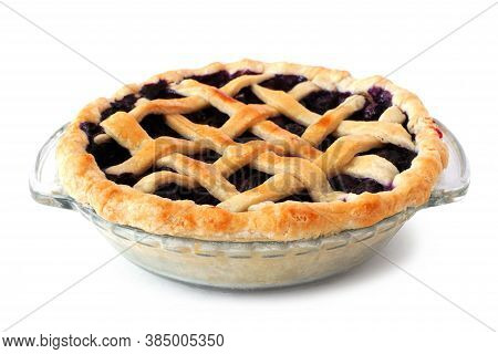 Homemade Blueberry Pie With Lattice Pastry Isolated On A White Background. Side View.