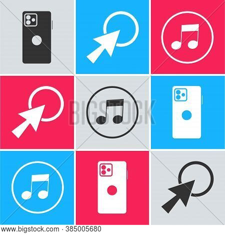 Set Smartphone, Mobile Phone, Arrow Cursor And Music Note, Tone Icon. Vector