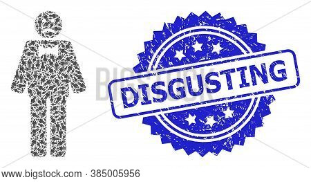 Disgusting Corroded Stamp Seal And Vector Recursion Collage Sad Man. Blue Stamp Seal Has Disgusting 