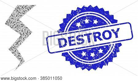 Destroy Grunge Seal Imitation And Vector Fractal Collage Thunder Crack. Blue Stamp Seal Contains Des