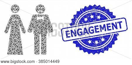 Engagement Rubber Stamp And Vector Fractal Collage Wedding Emotions. Blue Stamp Has Engagement Capti