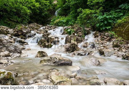 Waterfall In Cherek Gorge In The Caucasus Mountains In Kabardino-balkaria, Russia