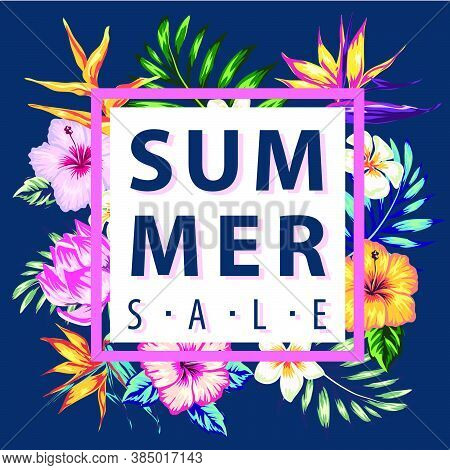 Tropical Flowers And Palms Summer Banner Graphic Background Exotic Floral Invitation Flyer