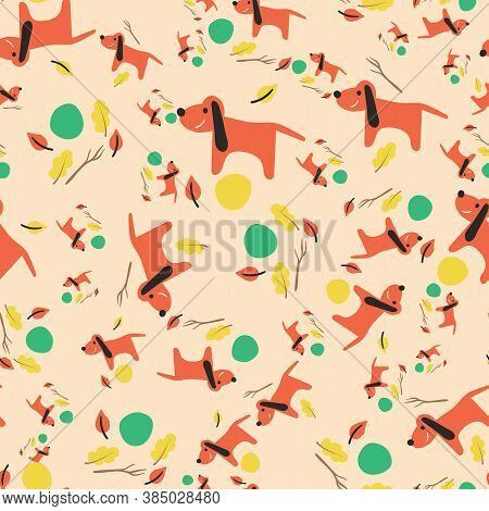 Dogs Playing In A Park Seamless Vector Pattern. Happy Autumn Season Surface Print Design For Fabrics