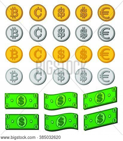 Money Bills Dollar Cash Paper Notes, Gold Coins, Silver Coins And Cryptocurrency Vector Set. Money C