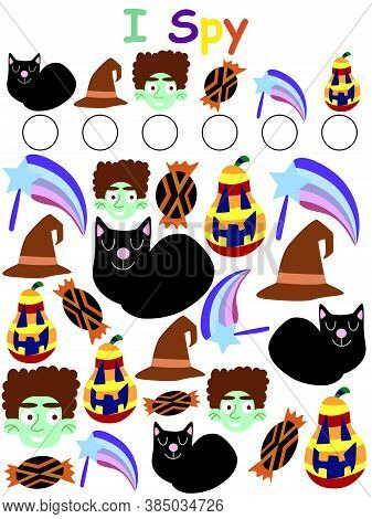 Halloween Activity Worksheet I Spy Game For Kids Stock Vector Illustration. Funny Calculation Educat