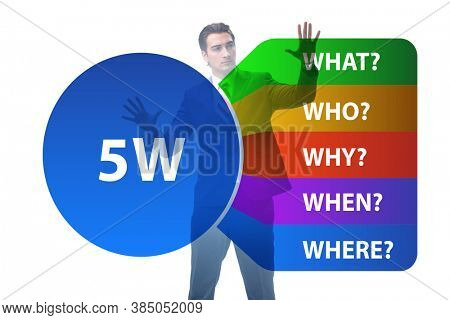 Five whys concept with businessman pressing virtual button