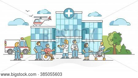 Hospital Building For Patient Medical Health Emergency Aid Outline Concept. Ambulance And Clinic As 