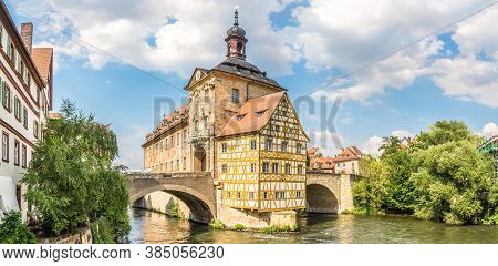 Panoramic View At The Old Town Hall With Bridge Over Regnitz River In Bamberg - Germany