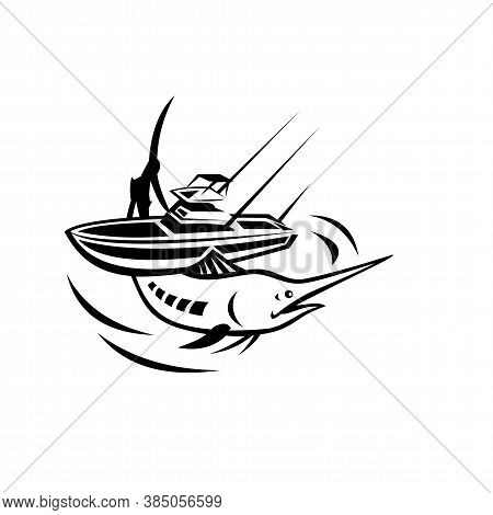 Illustration Of An Atlantic  Blue Marlin Jumping With Charter Fishing Boat On Its Back On Isolated W