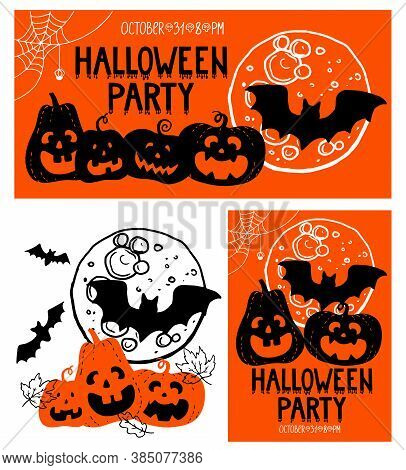 Halloween Set Vertical Poster Horizontal Banner Illustration. Hand Drawn Doodle Pumpkin Fool Moon Ba