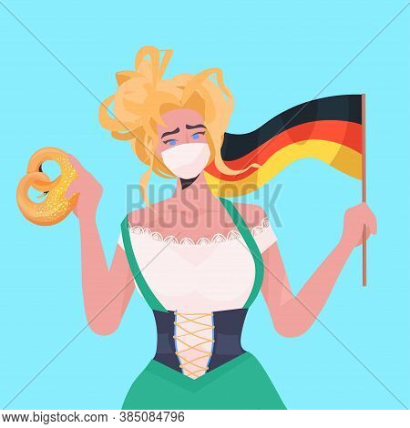 Woman Holding Salty Pretzel And Flag Oktoberfest Party Celebration Waitress Wearing Mask To Prevent 
