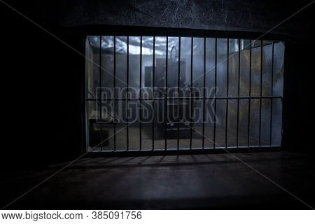 Jail Or Prison Cell. Obsolete Gray Grunge Concrete Room. Old Prison Miniature. Execution Concept