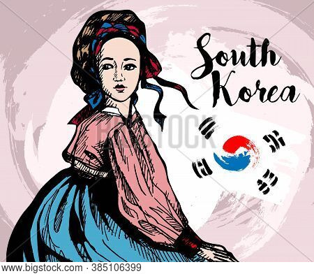 Traditional Korean Style, Sketch. Young Girl In Korean National Clothes Hanbok, Dry Brush Stroke Bac
