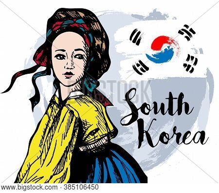 Traditional Korean Style, Sketch. Young Girl In Korean National Clothes Hanbok, Dry Brush Stroke Bac