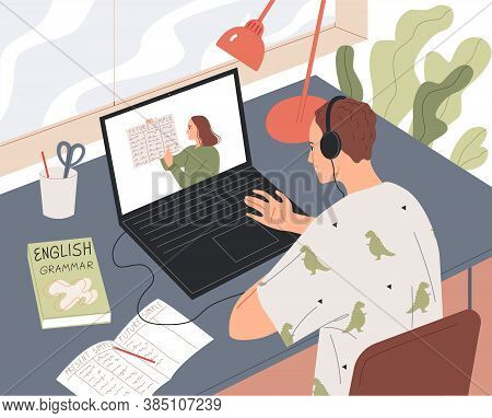 Student Learns Online, Watching The Lesson On The Laptop Screen.