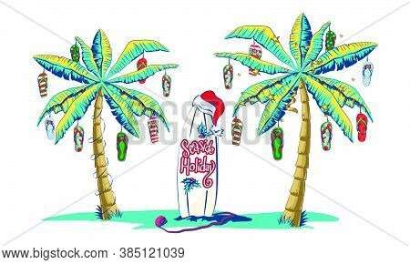 Christmas Decoration Tree Palm Tree Greeting Card For Christmas With Palm Tree And Tropical Leaf. Te