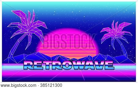 Retro Future, Slogan Give Me Back 80's, Futuristic Landscape, Mountains. Sci-fi Background. 80S Part