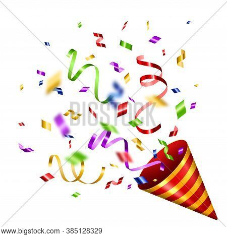 Party Popper With Confetti And Serpantine Salute Isolated On White. Vector Illustration. Colorful Cr
