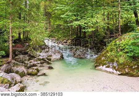 River Ramsauer Ache In The Berchtesgaden Alps, Germany.