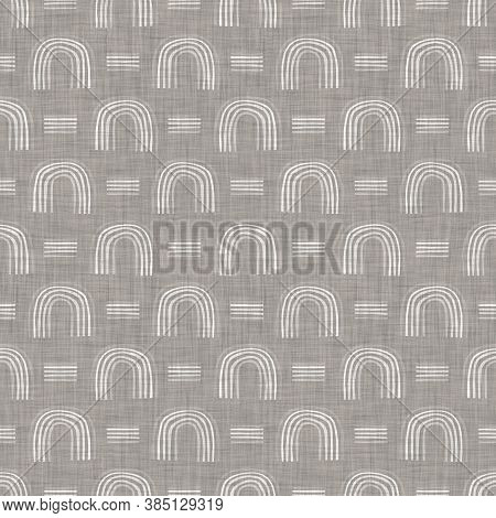 French Woven Linen Texture Geometric Shape Background. Old Ecru Flax Grey Geo Motif Seamless Pattern