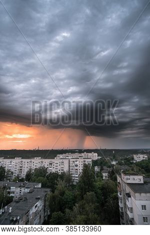 Stormy Clouds Above The Zhytomyr City, Ukraine. Intense Sky From A Rainstorm Passing Through. Vertic