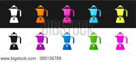 Set Coffee Maker Moca Pot Icon Isolated On Black And White Background. Vector