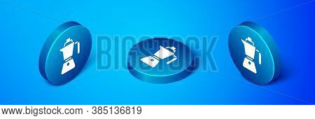Isometric Coffee Maker Moca Pot Icon Isolated On Blue Background. Blue Circle Button. Vector