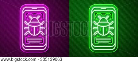 Glowing Neon Line System Bug On Mobile Icon Isolated On Purple And Green Background. Code Bug Concep