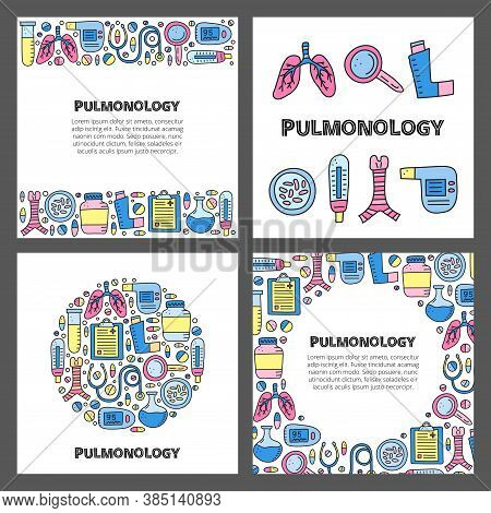 Set Of Cards With Lettering And Doodle Colored Pulmonology Items, Including Lungs, Trachea, Spiromet