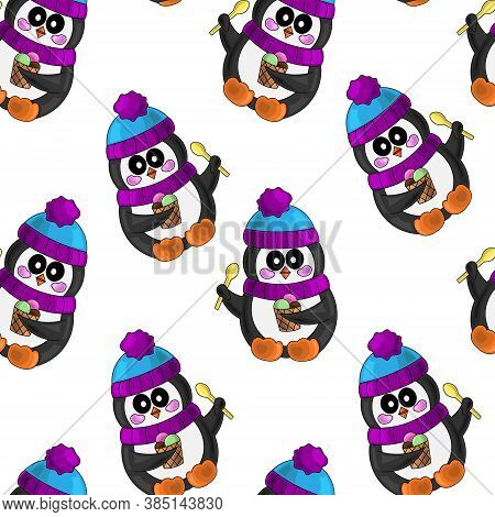 Seamless Vector Pattern With Penguin And Ice Cream