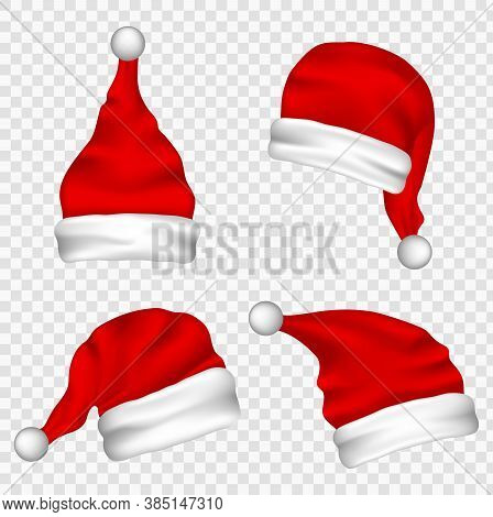Christmas Santa Claus Hats With Fur Set. Vector Santa Claus Hat Colllection, Holiday Cap To Xmas Ill