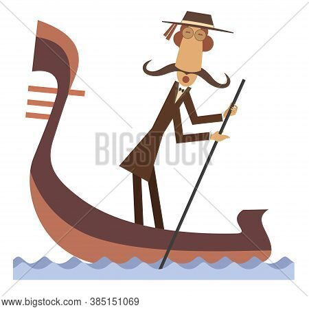 Funny Gondolier Illustration. Funny Gondolier With Long Mustaches Rides On Gondola Isolated On White