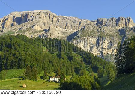 Mountain Landscape At Summer From The Village Of Arabba, Dolomites, Belluno Province, Veneto, Italy.