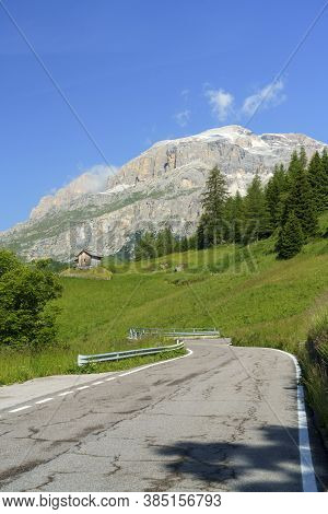 Mountain Landscape At Summer Along The Road To Campolongo Pass, Dolomites, Belluno Province, Veneto,