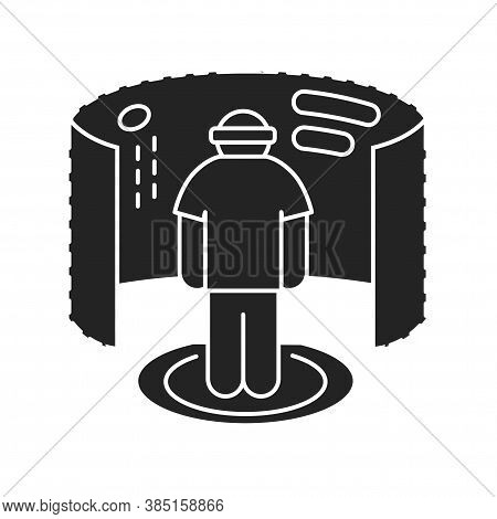 Virtual Reality Gaming Black Glyph Icon. Man In Vr Helmet Gaming On Platform. Cyberspace, Simulation