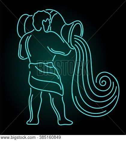 Beautiful Corolful Linear Illustration With Illuminated Neon Aquarius Silhouette On The Dark Backgro
