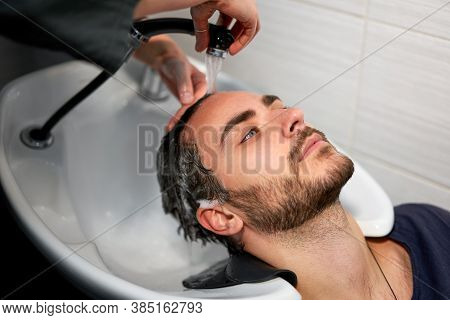 Woman Applying Shampoo Massaging Hair Customer Man Wash Hair In Beauty Salon Hairdresser Washing Hai