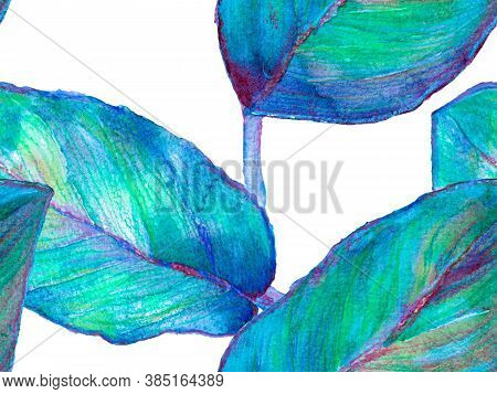 Watercolor Leaves Seamless Pattern.  Classic Blue And Indigo Watercolor Floral Background. Tropical