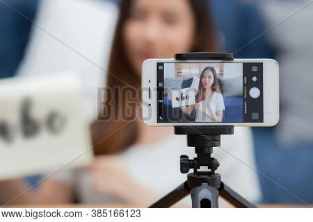 Young Asian Woman Is Teacher Teaching Language English With Student For E-learning Online At Home, G