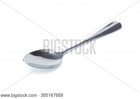 Silver Shiny Spoon Isolated On White Background. Stainless Cutlery Spoon. Ready To Use For Design Im
