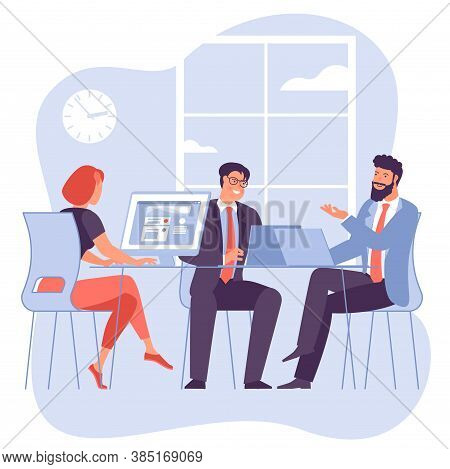 Young People, Men And Women Taking Part In Business Meeting, Negotiation, Brainstorming, Talking To 