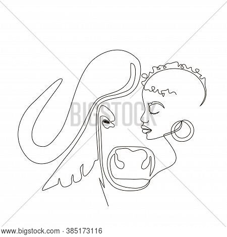 Continuous Line Art Or One Line Drawing. African Woman And Buffalo Vector Illustration, нuman And An