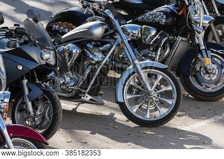 Novosibirsk, Russia - September 12, 2020:  Motorcycles Group Parking On City Street During Adventure