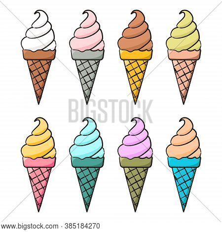 Set Of Hand-drawn Waffle Cones With Ice Cream Isolated. Multi-colored Ice Cream Of Different Tastes 