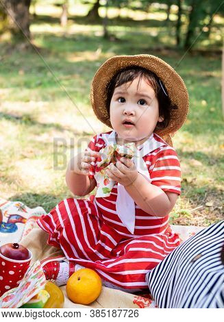 Cute Little Baby In A Red Dress And Srtaw Hat On A Picnic In The Park